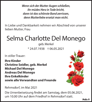Traueranzeige von Selma Charlotte Del Monego von Trauerkombi Zeitz