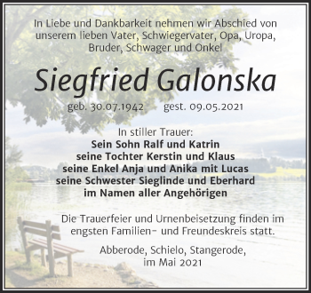 Traueranzeige von Siegfried Galonska von Trauerkombi Mansfelder Land