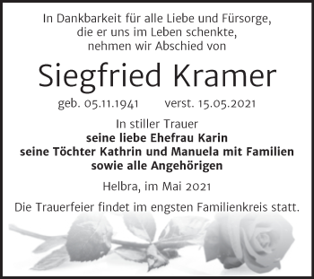 Traueranzeige von Siegfried Kramer von Trauerkombi Mansfelder Land