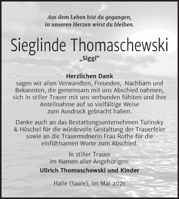 Traueranzeige von Sieglinde Thomaschewski von Mitteldeutsche Zeitung Halle/Saalkreis