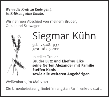 Traueranzeige von Siegmar Kühn von Trauerkombi Zeitz