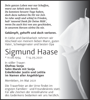 Traueranzeige von Sigmund Haase von Wochenspiegel Naumburg/Nebra