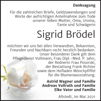 Traueranzeige von Sigrid Brödel von Trauerkombi Sangerhausen