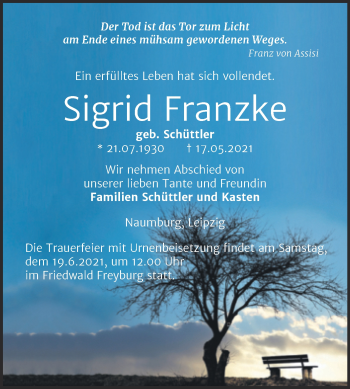 Traueranzeige von Sigrid Franzke von Naumburger Tageblatt