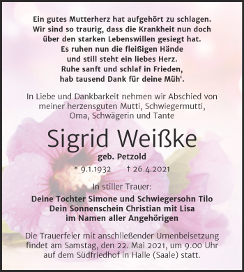 Traueranzeige von Sigrid Weißke von Mitteldeutsche Zeitung Halle/Saalkreis