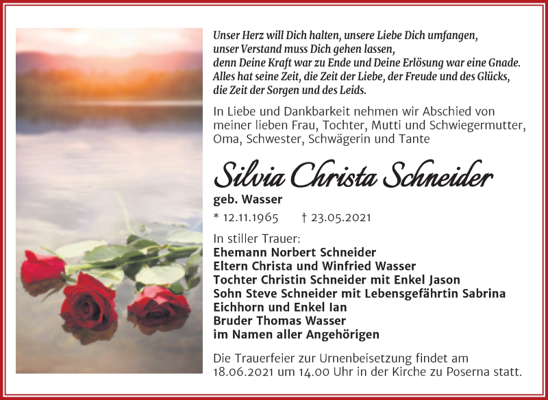  Traueranzeige für Silvia Christa Schneider vom 29.05.2021 aus Trauerkombi Weißenfels