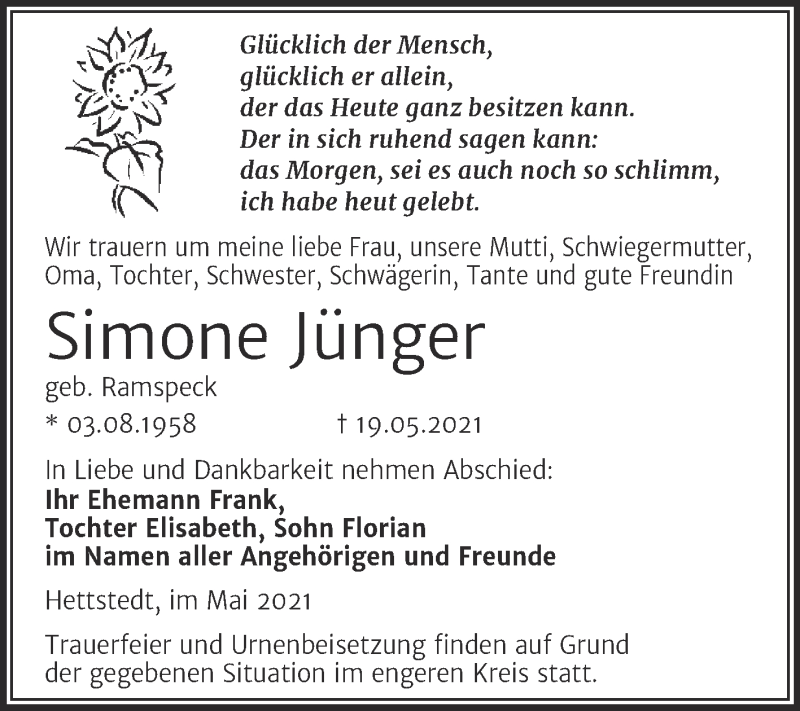  Traueranzeige für Simone Jünger vom 29.05.2021 aus Trauerkombi Mansfelder Land