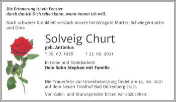 Traueranzeige von Solveig Churt von Trauerkombi Merseburg