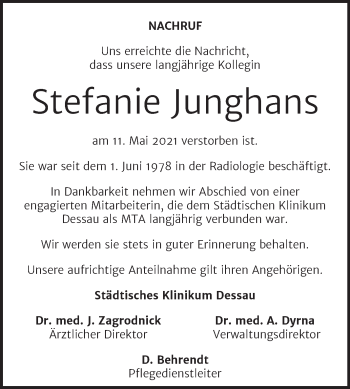 Traueranzeige von Stefanie Junghans von Mitteldeutsche Zeitung Dessau-Roßlau