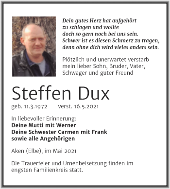 Traueranzeige von Steffen Dux von Trauerkombi Köthen