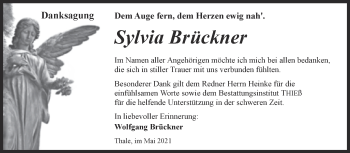 Traueranzeige von Sylvia Brückner von Trauerkombi Quedlinburg
