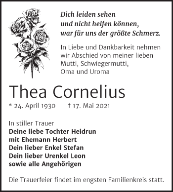 Traueranzeige von Thea Cornelius von Trauerkombi Zeitz