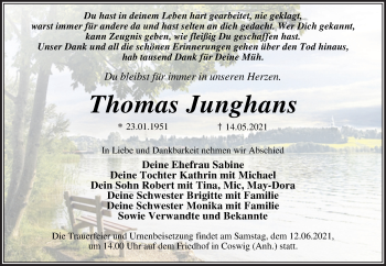 Traueranzeige von Thomas Junghans von Trauerkombi Dessau