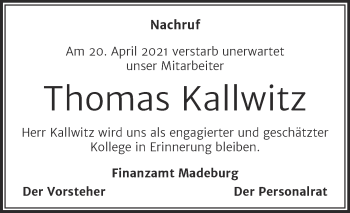 Traueranzeige von Thomas Kallwitz von Mitteldeutsche Zeitung Halle/Saalkreis
