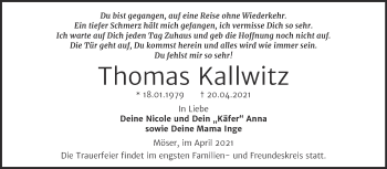 Traueranzeige von Thomas Kallwitz von Mitteldeutsche Zeitung Halle/Saalkreis