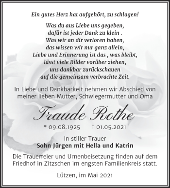 Traueranzeige von Traude Rothe von Trauerkombi Weißenfels