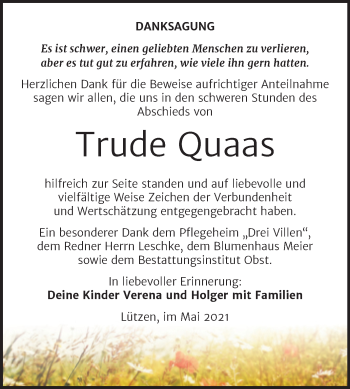Traueranzeige von Trude Quaas von Trauerkombi Weißenfels