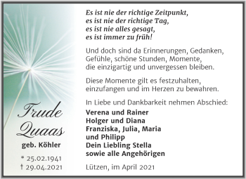 Traueranzeige von Trude Quaas von Trauerkombi Weißenfels