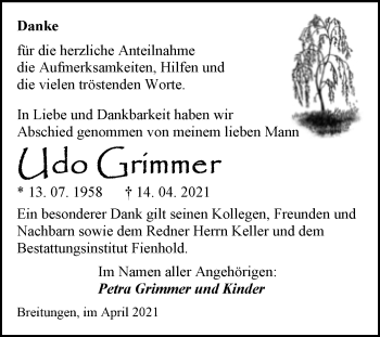 Traueranzeige von Udo Grimmer von Trauerkombi Sangerhausen