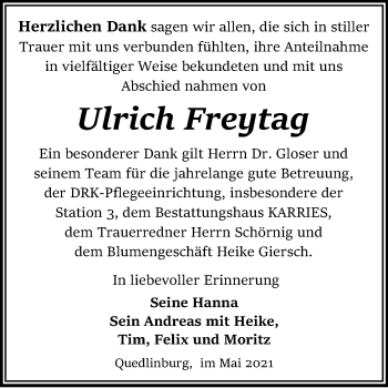 Traueranzeige von Ulrich Freytag von Trauerkombi Quedlinburg