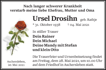 Traueranzeige von Ursel Drosihn von Trauerkombi Aschersleben