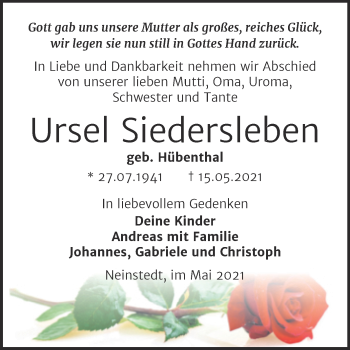 Traueranzeige von Ursel Siedersleben von Trauerkombi Quedlinburg