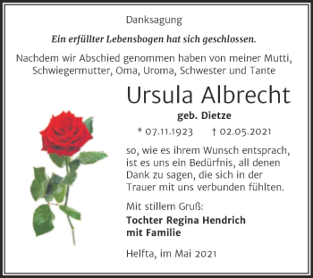 Traueranzeige von Ursula Albrecht von Trauerkombi Mansfelder Land