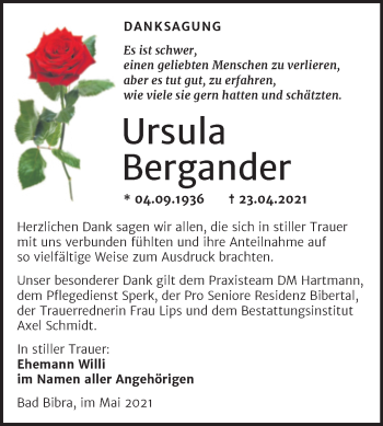 Traueranzeige von Ursula Bergander von Wochenspiegel Naumburg/Nebra