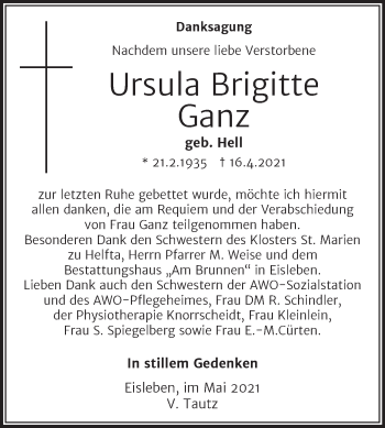 Traueranzeige von Ursula Brigitte von Trauerkombi Mansfelder Land