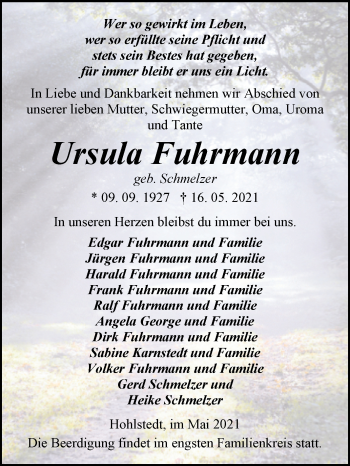Traueranzeige von Ursula Fuhrmann von Trauerkombi Sangerhausen
