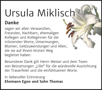 Traueranzeige von Ursula Miklisch von Trauerkombi Dessau