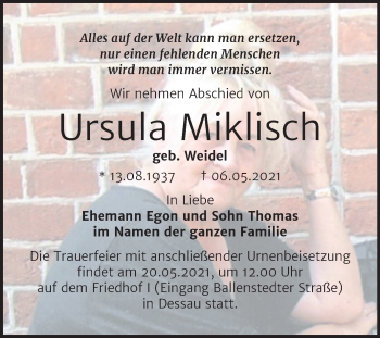 Traueranzeige von Ursula Miklisch von Trauerkombi Dessau