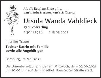 Traueranzeige von Ursula Wanda Vahldieck von Trauerkombi Bernburg