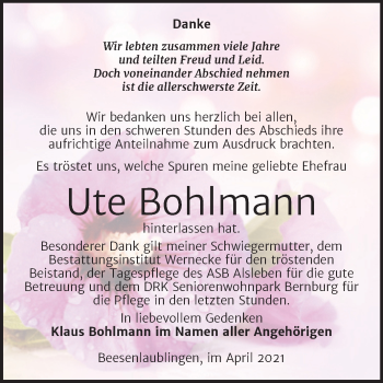 Traueranzeige von Ute Bohlmann von Trauerkombi Bernburg