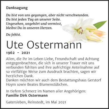 Traueranzeige von Ute Ostermann von Trauerkombi Aschersleben