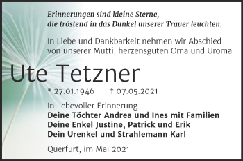 Traueranzeige von Ute Tetzner von Trauerkombi Merseburg