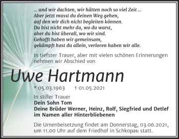 Traueranzeige von Uwe Hartmann von Trauerkombi Merseburg