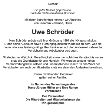 Traueranzeige von Uwe Schröder von Mitteldeutsche Zeitung Gesamt Sachsen-Anhalt Süd