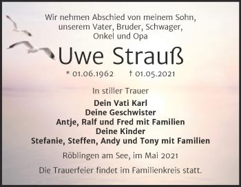 Traueranzeige von Uwe Strauß von Trauerkombi Mansfelder Land