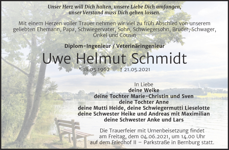  Traueranzeige für Uwe Helmut Schmidt vom 28.05.2021 aus Trauerkombi Bernburg