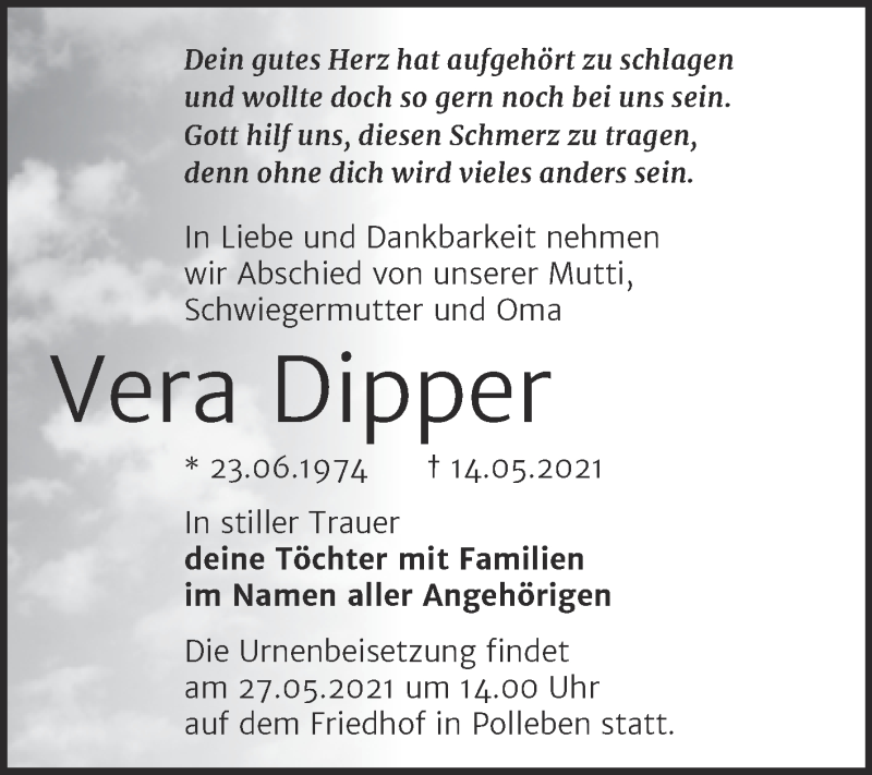  Traueranzeige für Vera Dipper vom 22.05.2021 aus Trauerkombi Mansfelder Land
