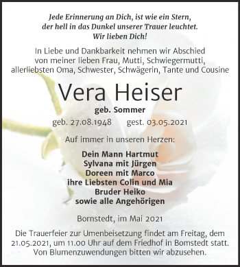 Traueranzeige von Vera Heiser von Trauerkombi Mansfelder Land