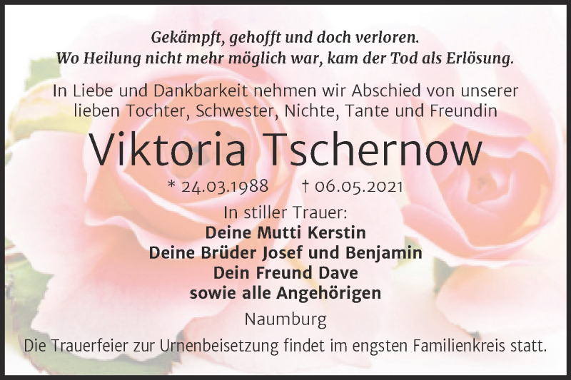  Traueranzeige für Viktoria Tschernow vom 12.05.2021 aus Wochenspiegel Naumburg/Nebra