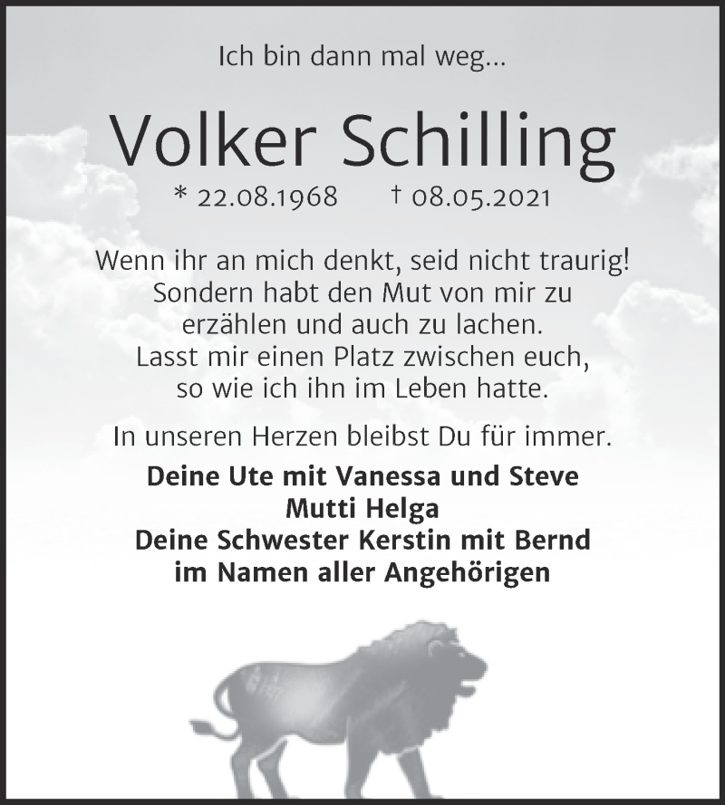  Traueranzeige für Volker Schilling vom 15.05.2021 aus Trauerkombi Dessau