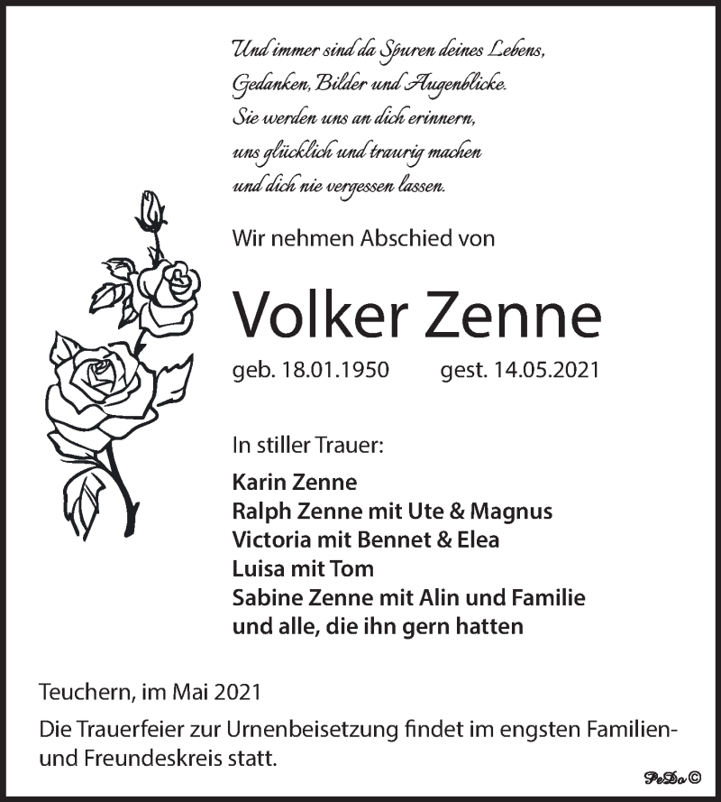  Traueranzeige für Volker Zenne vom 22.05.2021 aus Trauerkombi Weißenfels