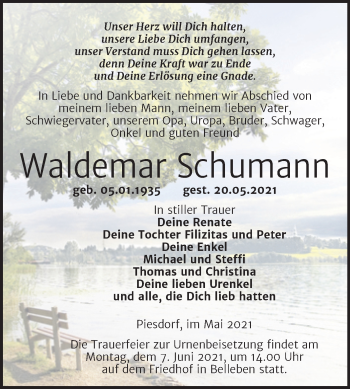 Traueranzeige von Waldemar Schumann von Trauerkombi Bernburg