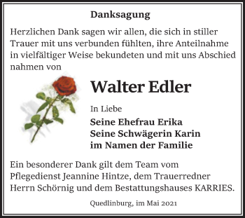 Traueranzeige von Walter Edler von Trauerkombi Quedlinburg
