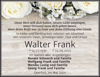 Traueranzeige von Walter Frank von Trauerkombi Merseburg