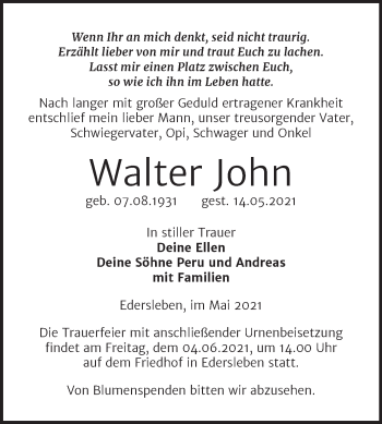 Traueranzeige von Walter John von Trauerkombi Sangerhausen