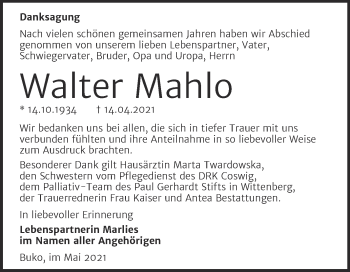Traueranzeige von Walter Mahlo von Trauerkombi Wittenberg